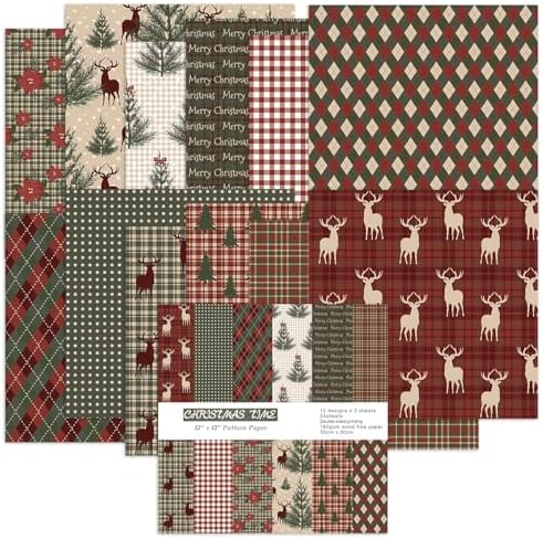 Christmas Scrapbook Paper Pad 12×12,Vintage Christmas Deer Patterned Papers ,24 Sheets Double-Sided Merry Christmas Scrapbooking CardStock Paper Pad for Holiday Cardmaking DIY Origami Papers.
