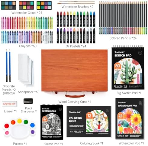 Shuttle Art 149 Piece Deluxe Art Set, Art Supplies in Wooden Case, Painting Drawing Art Kit with Crayons Colored Pencils Oil Pastels Watercolor Cakes Coloring Book Sketch Pad for Kids Adults