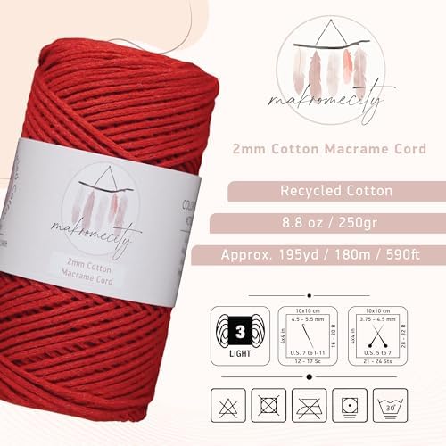 Makromecity, Cotton Macrame Cord 2mm x 195 Yards (590 feet) 2mm Recycled Cotton Crochet Yarn for Macrame Art & Crafts for Wall Hangings, Bags, Underplate, Rug (25 Colors Available) (Red)