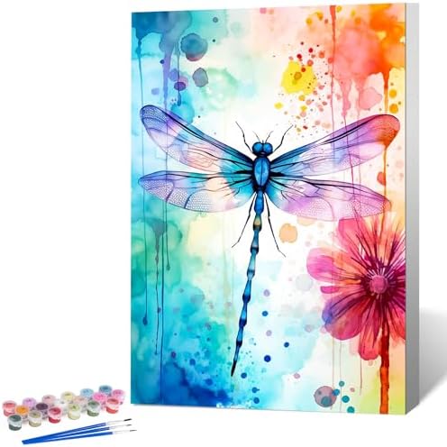 Framed Paint by Numbers Kit for Adults, Dragonfly & Flower Decor 8x12 Inch