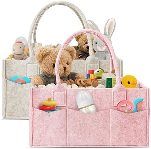 HIPHOP PANDA 2-Pack Diaper Caddy Organizer - Nursery Storage Bin & Car Organizer for Diapers, Wipes, and Baby Essentials - Dual-Color Solid Set (Pink/Oatmeal), Large Size