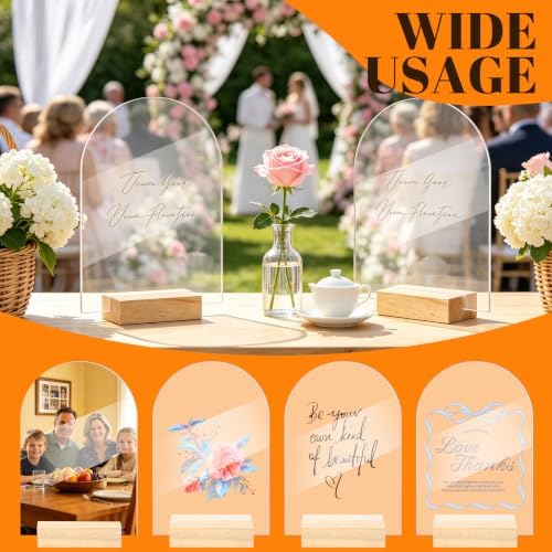 Bercoor 15 Pack 5x7 Inch Blank Clear Arch Acrylic Sign with Wooden Stands, Arched Round Top Acrylic Sheet, DIY Acrylic Arch Table Numbers for DIY Name Card Gifts Event Party Sign Decoration