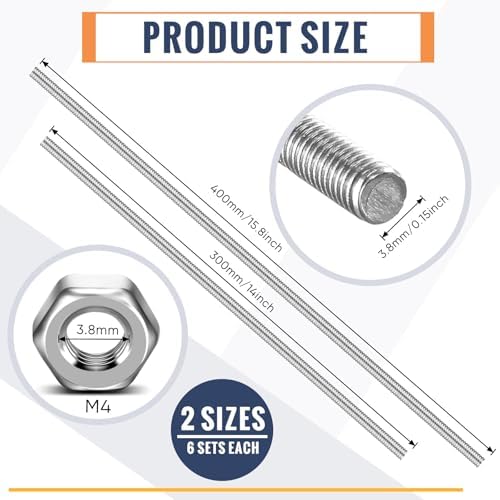 LEIFIDE 8/32 Inch 4mm Threaded Rod with Hex Nuts 4mm Stainless Steel Threads Studs Rods Stainless Steel Fully Threaded Hex Nuts for Beaded Garden Stake Rods(24 Pcs,12 Inch,16 Inch)