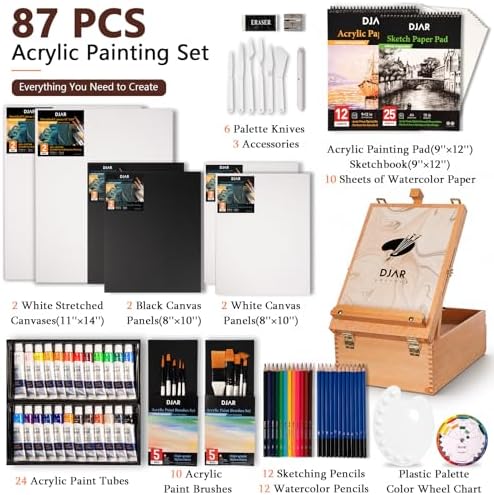 DJAR 87 Pcs Acrylic Paint Set with Tabletop Easel for Adults & Beginners | 24 Colors, Canvas, Brushes & Palette, Professional Art Supplies, Storage Box Ideal for Artists & Students
