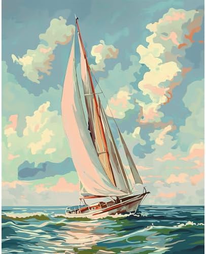 Natuyalo Paint by Numbers Kit for Adults Beginners, 16" Wx20 L Canvas Pictures Drawing Acrylic Paintwork with 3 Pcs Paintbrushes, Sailboat in Waves