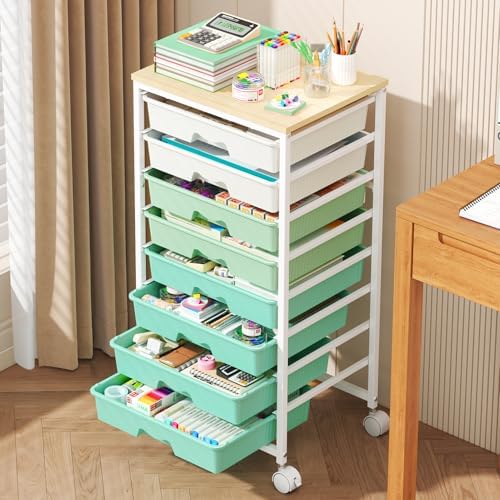 Goovilla Rolling Cart with 8 Drawers for Art, Dorm, Office, Craft, Green | Utility Cart Organizer With 8 Removable Drawers and Wooden Tabletop, Lockable Rolling Storage Organizer for Classroom, Home