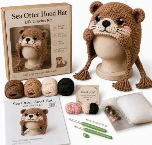 Ocean Series Hood Hat DIY Crochet Kit, Create Your Own Ocean Inspired Character Hood, Handmade Art Crafts for Beginners Adults, Fun Creative Gift for Crochet Lovers，Hermit Crab (Sea Otter)