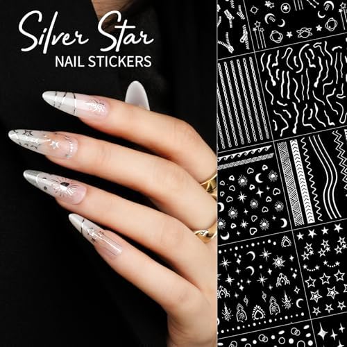 Teenitor 50 Sheets Nail Stickers for Kids, Cute Nail Decals for Girls Women, 3D Self Adhesive Gold Nail Stickers for Nail Art, Star Fruit Butterfly Silver Nail Art Deals for Holiday