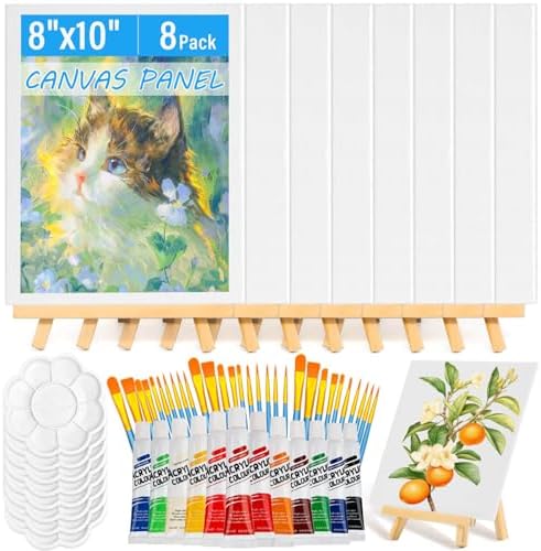 shynek 66 Pack Canvases with Easel Set, 8 x 10 Inch Canvas Boards with Wooden Easels, Acrylic Paint, Paint Brushes Canvas Panel Painting Kit for Beginners Art Crafts Sip and Paint Party