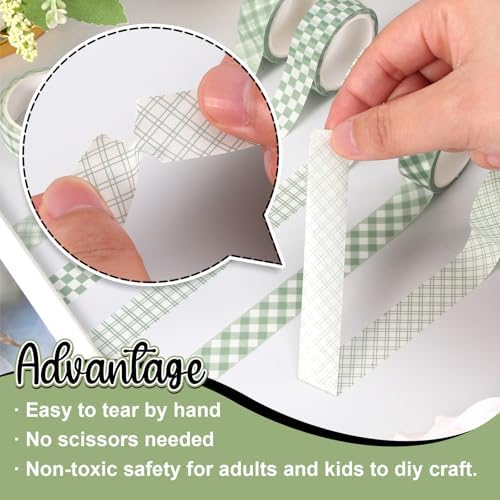Whaline 12 Rolls Sage Green Plaid Washi Tape Masking Tape Set Pastel Green Gingham Decorative Wrapping Paper Tapes Boxed for Wedding Scrapbook Journal DIY Crafts