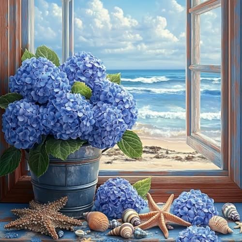 GEWOUVIN Window Side Hydrangea Diamond Art Kits for Adults,Seaside Diamond Painting Kits for Adults Beginners,DIY Full 5D Round Drill Gem Art Kits for Gift Home Wall Decor【13.8x13.8inch】