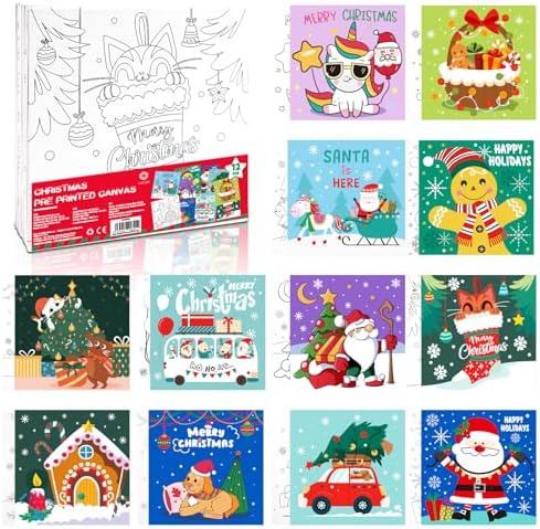 conda Pre Printed Canvas for Painting 12 Pcs 6 x 6 Inch, Pre Drawn Canvas Boards with Christmas Pictures to Paint, Theme Canvas Panels Set for Beginners Students, DIY Paint Art Supplies