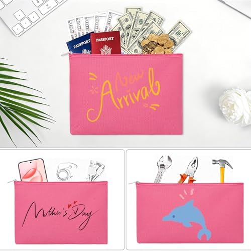 12 Pieces Cotton Canvas Makeup Bag, Multipurpose Cosmetic Bag with Zipper Travel Toiletry Pouch, Blank DIY Craft Bag (Hot Pink, S)