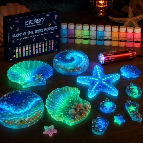 Glow in The Dark Powder 12 Colors Epoxy Resin Dye Luminous Pigment Powder Safe Long Lasting for Fine Art, DIY Nail Art, Epoxy Resin Colorant, DIY Crafts and Theme Party, 0.7oz Each