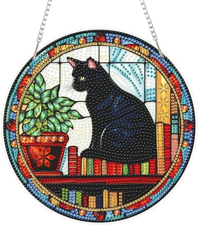 CRZMODE Black Cat Diamond Art Hanging Kit for Adults, Cat Pendant Diamonds Painting Art Kit, Special Crystal Diamond Art Painting Pendant Ornament, Craft Gift for Women Home Window Decor