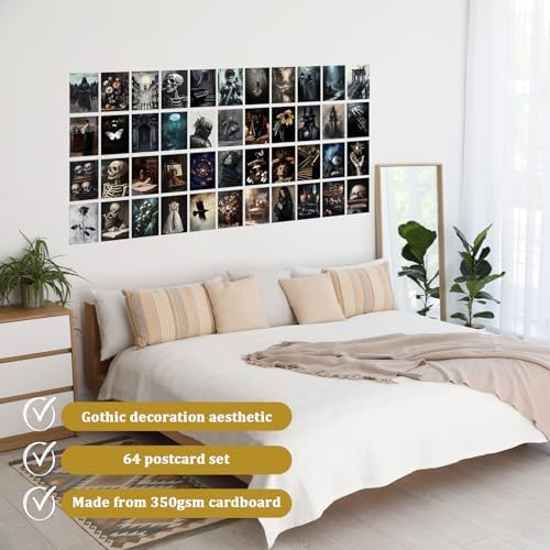 64 Pcs Moody Dark Academia Decor Vintage Postcards, Grunge Room Decor Gothic Wall Art Prints, Victorian Poster Goth Wall Collage Kit Halloween Decorations for Dorm, 4x6