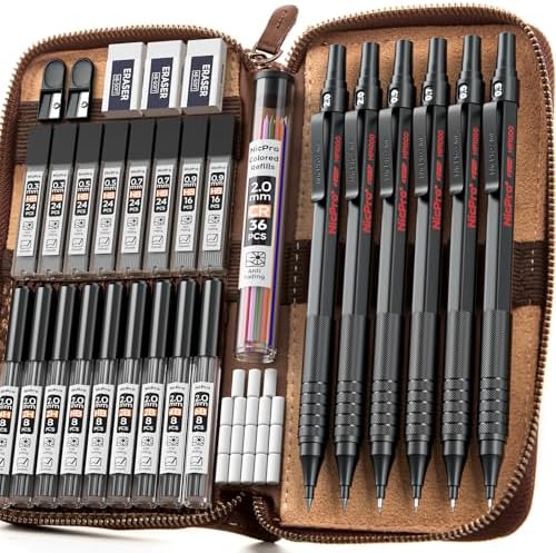 Nicpro 33PCS Black Metal Mechanical Pencil Set in Leather Case