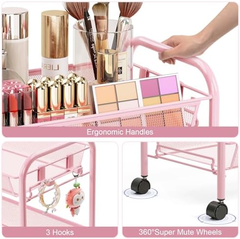 TOOLF 3 Tier Rolling Cart, Metal Utility Storage Cart with Wheels, Pink | 3 Hooks, Screwless Assembly, Trolley Organizer for Bathroom, Kitchen, Office, Nursery, Dorm, Laundry Room