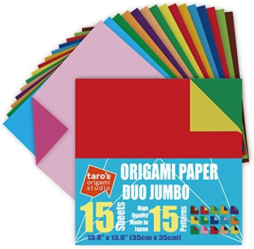 [Taro's Origami Studio] Jumbo Duo (Diffrent Colors On Each Side) Double Sided Standard 13.7 Inch (35 cm) Kami Paper with 15 Color Change Patterns, 15 Sheets (Made in Japan)