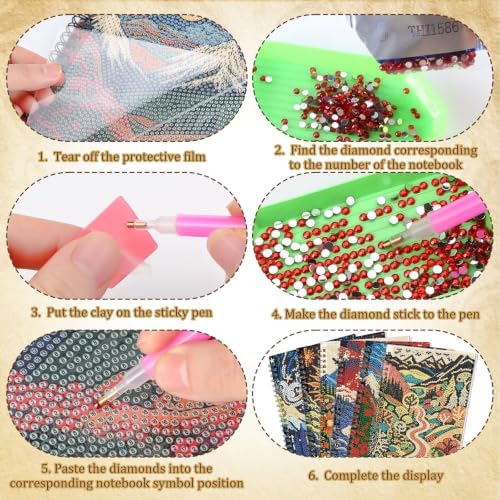 Fullhawl 6 Pack 5D DIY Diamond Art Crafts Kit for Adults Office Supplies Beginner A5 Leather Diamond Painting Gift for Women Art Cover Craft Accessories with Tool (Distant Mount Painting)