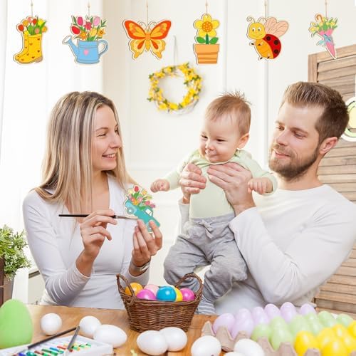 80PCS Wooden Spring Ornaments to Paint, 10 Styles DIY Blank Unfinished Wood Flower Cutouts Butterfly Ornament for Crafts Hanging Decorations, Cute Bee Flower Shape Home Decorations Gifts