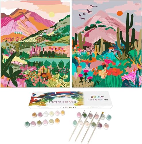 Jethami 2 Pack Paint by Numbers for Adults Beginner, Mountains Sunset Plant Landscape DIY Canvas Art Kit for Relaxation 16x20 in