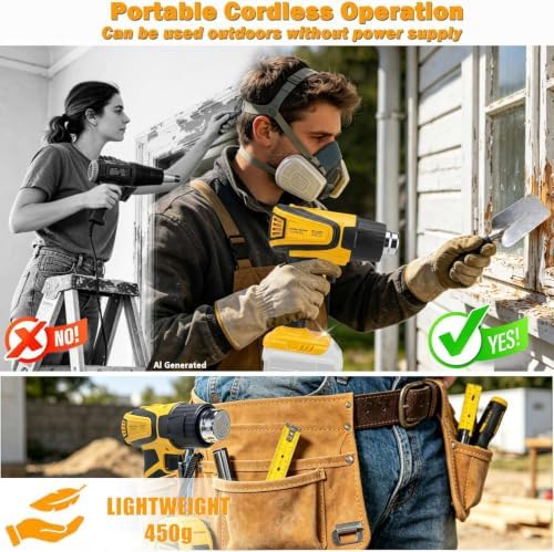 Cordless Heat Gun Compatible with Dewalt 20V Battery, 350W Fast Heating Portable Hot Air Gun with LCD Display, 2-Temp Setting 120-1112℉ 4 Nozzles for Crafts DIY (Tool Only, Not Made by Dewalt)