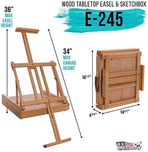 U.S. Art Supply Large Adjustable Wooden Desktop Easel with Storage | Portable Sketchbox, Tabletop Easels for Painting, Drawing & Art Supplies, Premium Beechwood