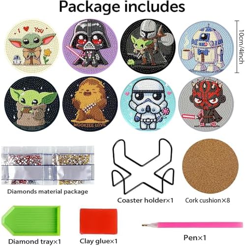 nekpiahu 8 PCS Cartoon Diamond Art Coasters Kits, Diamond Painting Coasters with Holder, DIY Cartoon Life Coaster Diamond Art Kits for Adults, Beginners Round Full Drill Diamond Art Craft Supplies