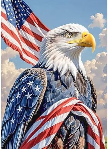 4th of July Diamond Painting Kit for Adults, Patriotic Independence Day Decor with American Flag and bald eagle, 5D Full Drill Round Diamond Art Kit, DIY Crystal Rhinestone Embroidery Painting