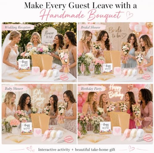 TOVEYI 50 Pcs DIY Flower Bar Kit for Events, Build Your Own Bouquet Bar Supplies with Floral Wrapping Paper, Card Holders, Cards, Chiffon Ribbons, Sign and Scissors for Wedding and Baby Shower