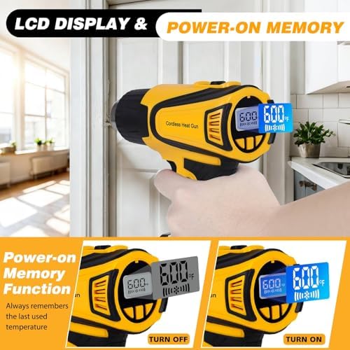 Cordless Heat Gun Compatible with Dewalt 20V Battery, 350W Fast Heating Portable Hot Air Gun with LCD Display, 2-Temp Setting 120-1112℉ 4 Nozzles for Crafts DIY (Tool Only, Not Made by Dewalt)