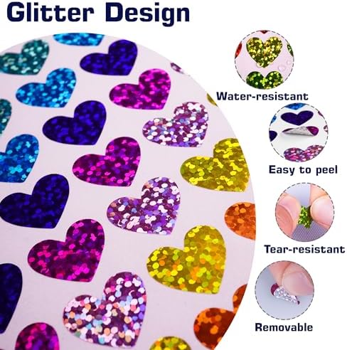 2500 Pcs Heart Stickers 0.6 Inch Holographic Colored Stickers for Kids