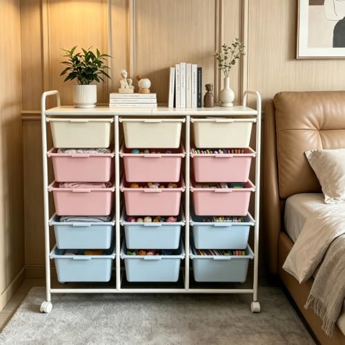 15-Drawer Rolling Storage Cart with Wheels, 3-Color Plastic Drawer Cart | Mobile Organizer Cart, Utility Storage Trolley for Office, Living Room, Craft Room, Bathroom, and Home Organization
