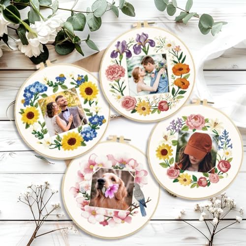 ORIGACH 4 Pack Floral Frame Embroidery Kits for Beginners DIY Starter Hand Embroidery Kit with Floral Wreath Patterns and Instructions for Adults Women Crafting