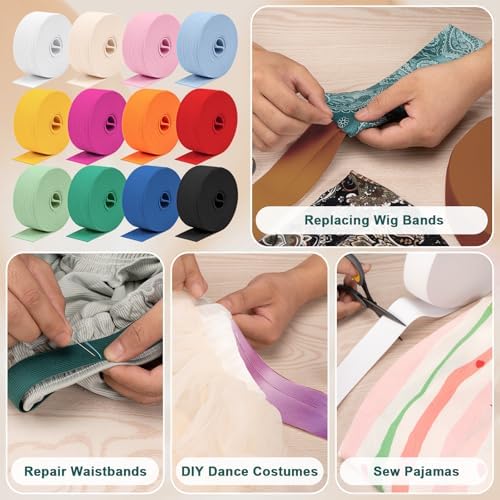 Airisoer Elastic Bands for Sewing 12 Rolls 1 Inch x 2.2 Yards,Bright Colors