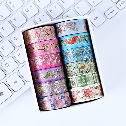 12 Rolls Floral Washi Tape Set, Gold Foil Flower Decorative Washi Masking Tape, Botanical Washi Tape for Scrapbooking, Journal, Planner, DIY Crafts, Gift Wrapping