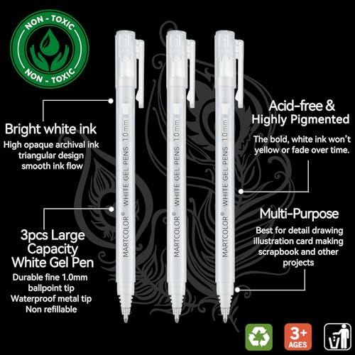 MARTCOLOR White Gel Pens, 3 Pack 1.0mm Extra Fine Point White Gel ink Pens