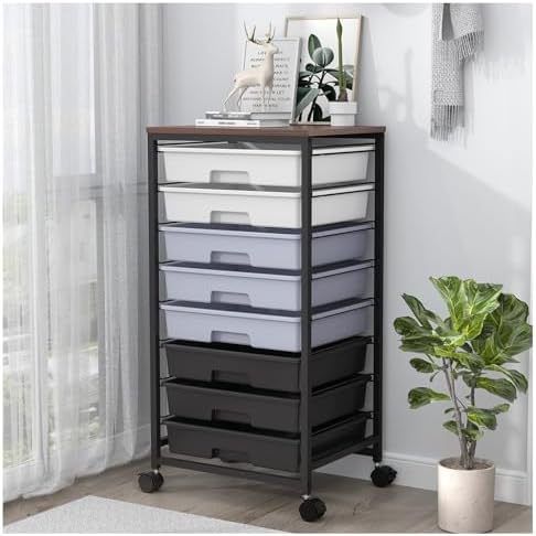 SYKIARIOL Rolling Cart with Drawers,8 Drawers Utility Cart,Grey Gradient | Craft Organizers and Storage with Wooden Tabletop for Living Room,Classroom,Bedroom,Bathroom,Dorm,Office