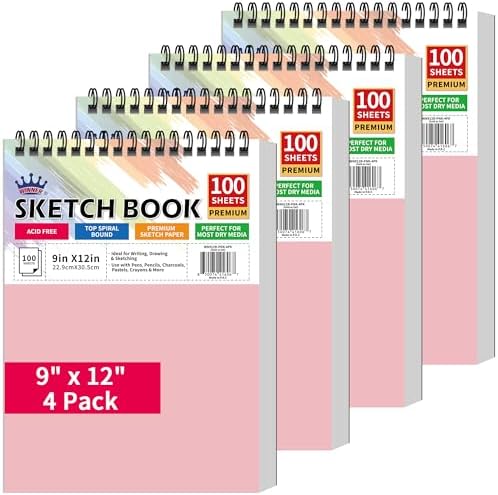 WINNER 9" x 12" Sketch Book 4 Pack, 400 Sheets Spiral Bound Art Sketchbook, 68lb/100gsm White Acid Free Drawing Pad, Sketching Drawing Writing Sketch Pad for Kids, Adults, Art Supplies, Pink