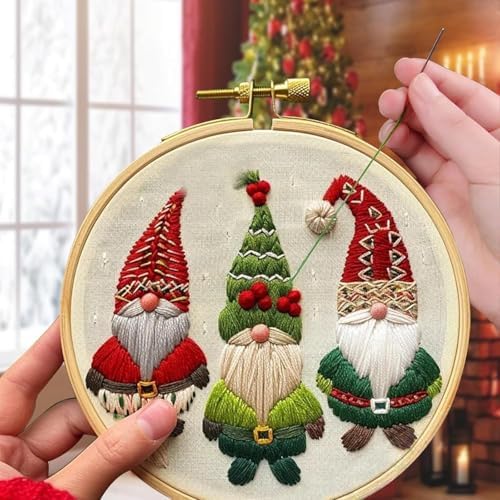 RUIQLXHANG Christmas Embroidery Kit, Christmas Gnomes Embroidery Kits for Beginners with Pattern, Cotton Threads, Needles, Instruction, 20cm Hoop, Gift for Mom, Grandma (Scepter Candy)
