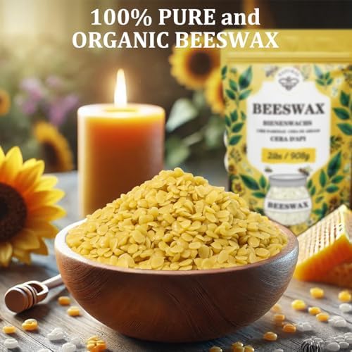 Beeswax pellets 200G/5LB/10LB/20LB, VEGISHINE Pure and Natural Yellow Beeswax for DIY Skin Care, Lip Balm, Polishing, Lotion, Soap, Candle Making Supplies