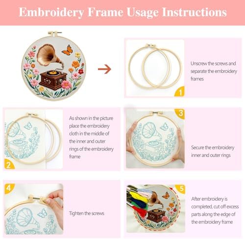 Zhenqing 4-Piece Floral Embroidery Kit for Beginners, Books Hot Air Balloon Wildflower Gramophone Needlework Set with Pre-Printed Fabric, Hoop & Threads (C0159)