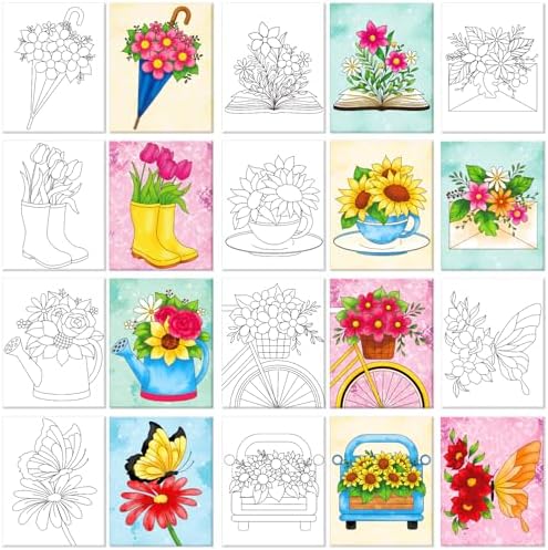 ACRNIGHEET Pre Drawn Canvas to Paint for Adults, 10pcs Flower Theme Pre Printed Canvas 8 X 10 Inch, Painting Kit for Adults Home Decor and Party Game, Ready to Paint for Beginners