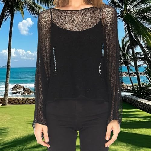Nicoxijia Women Y2K Sheer Knit Poncho Top Lightweight Summer Beach Knit Shrug Shawl Bolero Off Shoulder Mesh Sweater Cover Up