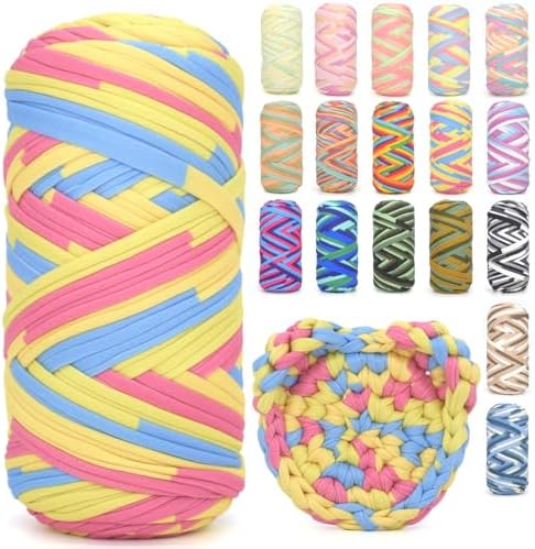 Tshirt Yarn for Crocheting,Rainbow T Shirt Chunky Elastic Fabric Thick T-Shirt Crochet Yarn for Beginners Crocheting Hand Knitting Bag/Basket/Coasters/DIY Crafts/Home Decor 200G-Blue Pink Yellow