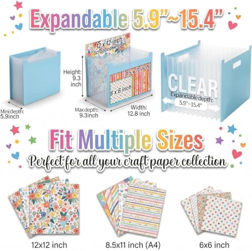 12x12 Scrapbook Paper Storage Organizer with 13 Expandable Pocket, Large Scrapbook Paper Storage for Craft Room Sticker Storage and Organization, Desktop Paper Holder (3 Pcs, Blue+Cream+Pink)