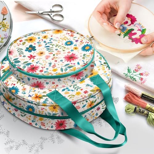 FINPAC Embroidery Project Bag, Embroidery Supplies Storage Carrying Tote Case with Multiple Pockets for Floss, Hoops, Thread, Stitch Tools Kit [Bag Only], Apricot Bloom