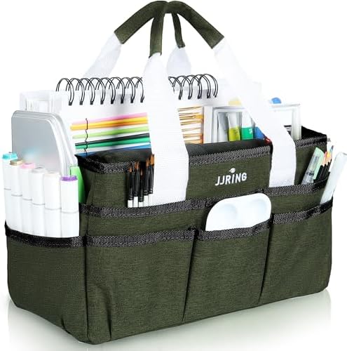 JJRING Craft Organizer Tote Bag Art Storage Caddy Sap Green | With Multiple Pockets For Sewing, Scrapbooking, School, Medical, And Office Supplies