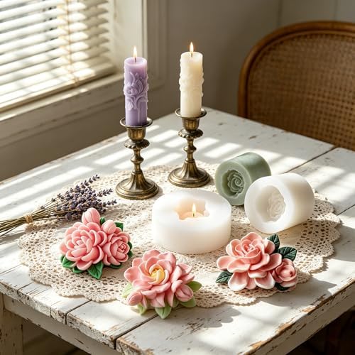 4 Pcs 3D Flower Candle Silicone Molds,Gardenia Shape for Candle Soap Crafts